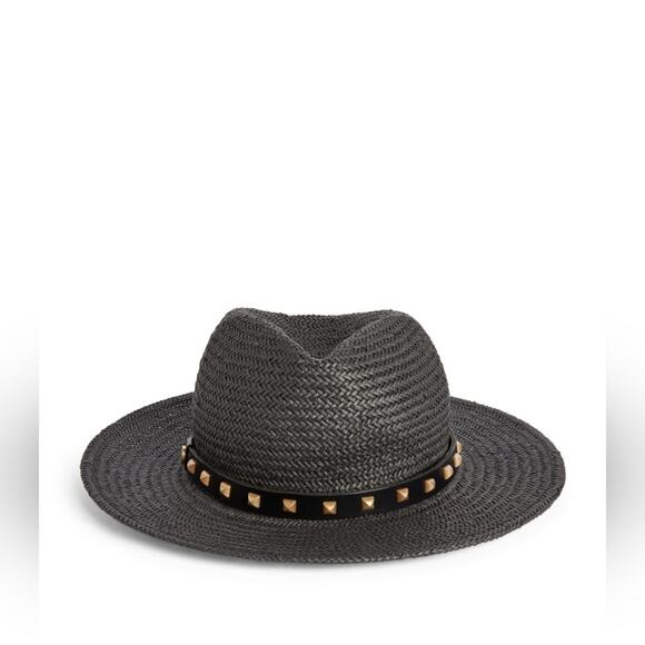 new NWT ALLSAINTS Straw Studded Paige Fedora pyramid studs black warm brass - Picture 1 of 5